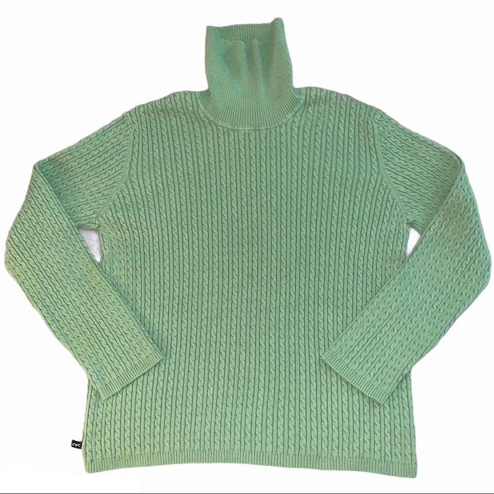 Y2K Anne Klein Light Green Cable Knit Ribbed Turtleneck Sweater
